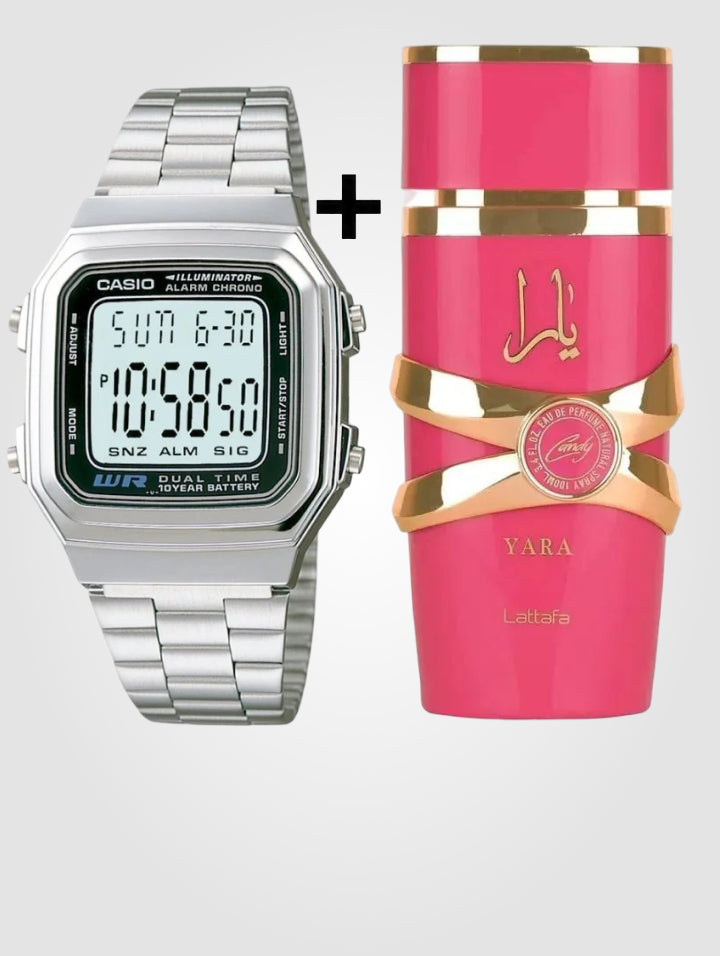 Casio Digital A-178WA-1A + Lattafa Yara Candy 100ml