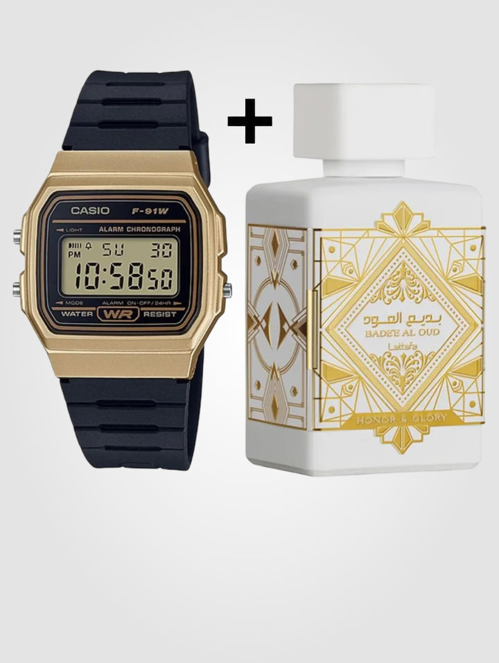 Casio Digital F-91WM-9A + Lattafa Bade'e Al Oud Honor & Glory 100ml