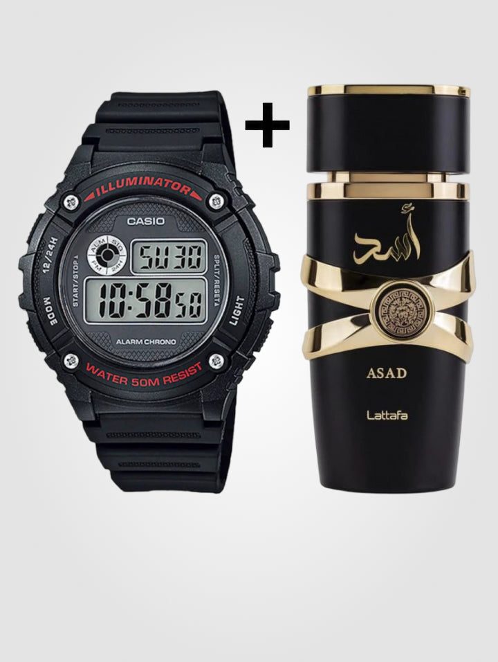 Reloj Casio Deportivo Negro W-216H + Lattafa Asad — 100 ml