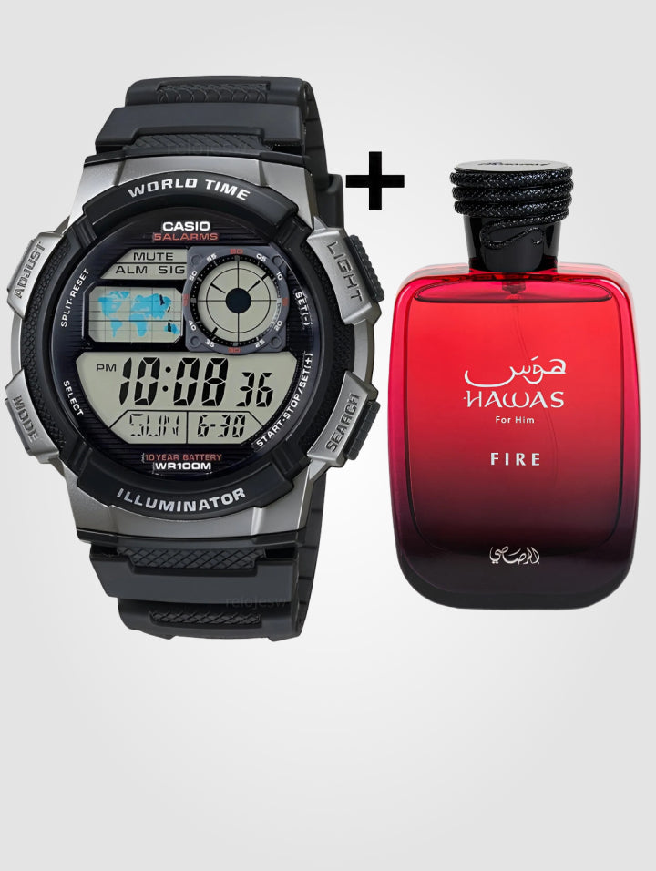 Reloj Casio Deportivo Negro AE-1000W+ Perfume Hawas Fire 100 ml