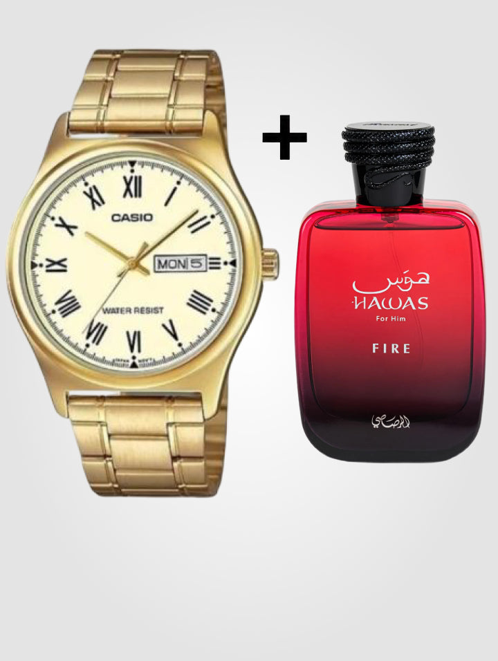 Reloj Casio Dorado MTP-V006D + Perfume Hawas Fire 100 ml — Rasasi
