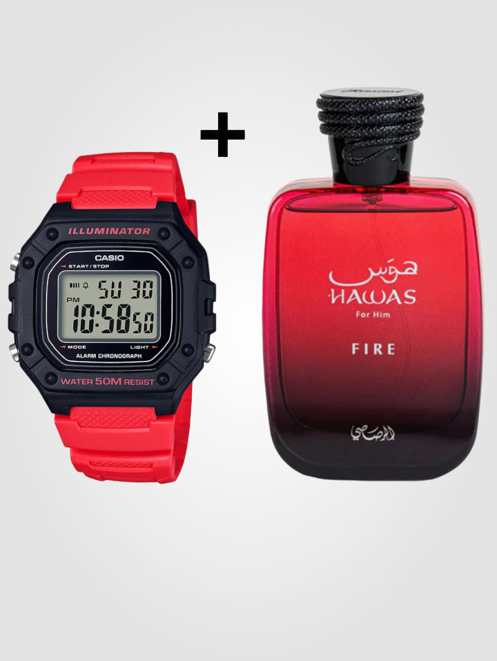 Reloj Casio Deportivo Rojo W-218H + Hawas Fire 100 ml — Rasasi